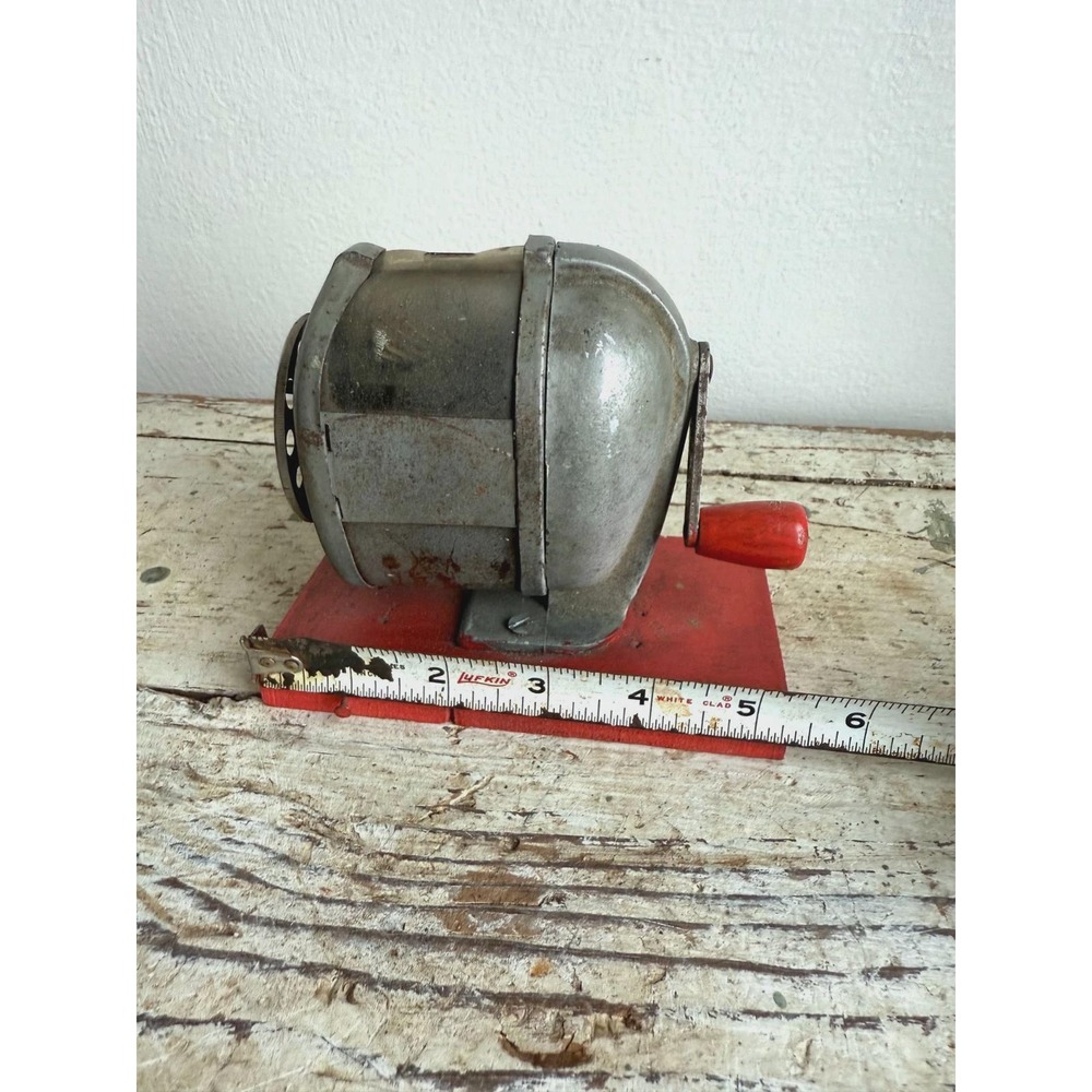 Vintage Pencil Sharpener on Wooden Base Metal Red Manual Desk Accessory - Picture 8 of 9